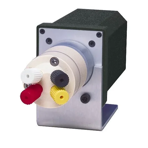 4 Port 2 Pos internal Volume Valve, manuell, 1/4″-28" Fitting, 0,5 mm Port, 75°C / 250psi, für Flüssigkeiten, 1µl, PPS/E2